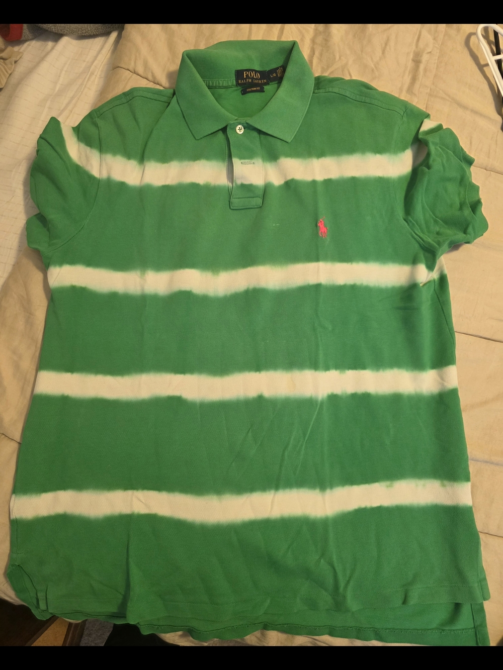 Polo by Ralph Lauren Green & White Striped Polo Shirt with Pink Logo